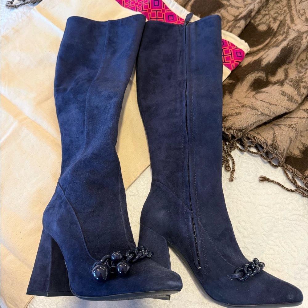 Tory Burch Navy Suede Over-the-Knee Boots with Chain Detail